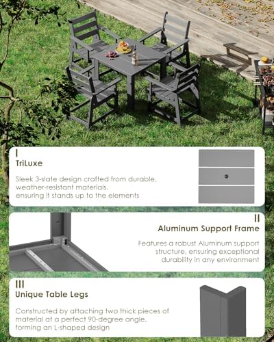 GREENVINES HDPE Outdoor Dining Table w/ Umbrella Hole for 4, Gray