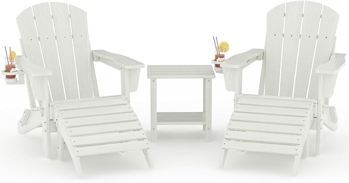 Garvee Folding Adirondack Chair Set of 5, HDPE Outdoor Patio Chair with Cup Holder, All Weather Resistent Wooden Textured for patios, Decks, Gardens, fire Pit, White