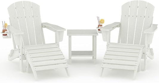 Garvee Folding Adirondack Chair Set of 5, HDPE Outdoor Patio Chair with Cup Holder, All Weather Resistent Wooden Textured for patios, Decks, Gardens, fire Pit, White