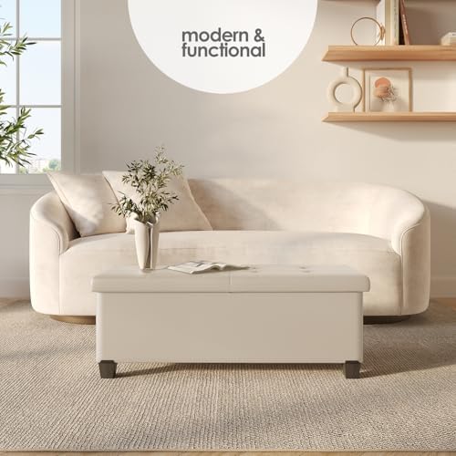 Storage Ottoman Bench with Bins, 43-in Storage Bench for Bedroom End of Bed, Folding Foot Rest Ottoman for Living Room Max 660lbs, Leather Ottomans, Beige