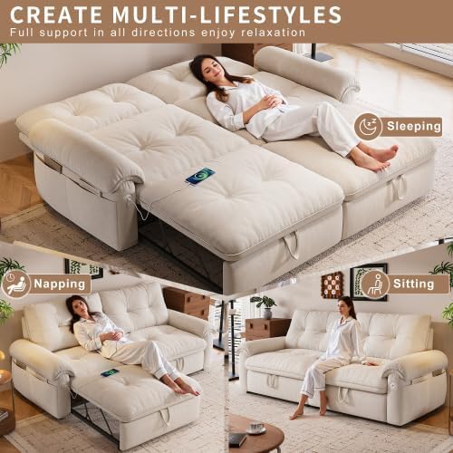 77" Convertible Queen Sofa Bed with USB Port & Side Pockets, White