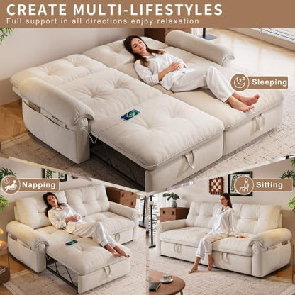 77" Convertible Queen Sofa Bed with USB Port & Side Pockets, White