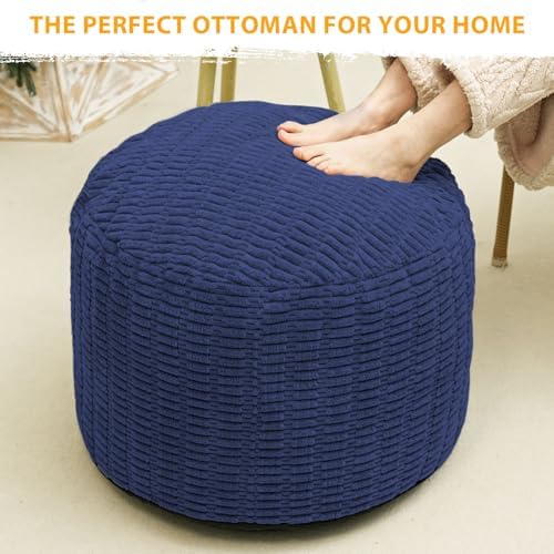 Round Stuffed Pouf Ottoman for Foot Rest 26" X 18" Faux Fur Poufs, Navy