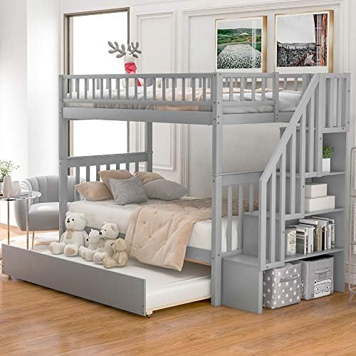 Twin Over Twin Bunk Beds with Staircase and Trundle Bed, No Box Spring Needed for Teens, Boys or Girls