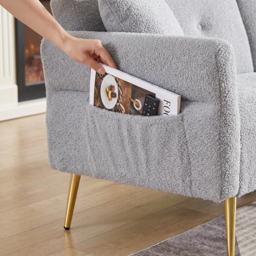 Futon Sofa Bed, Teddy Convertible Couches with Side Pocket, Gray