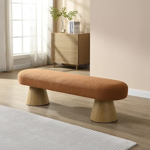 Merax 64" L Dining Bench with Wood Legs, Boucle End of Bed Ottoman Bench Seat for Dining Room, Bedroom and Entryway