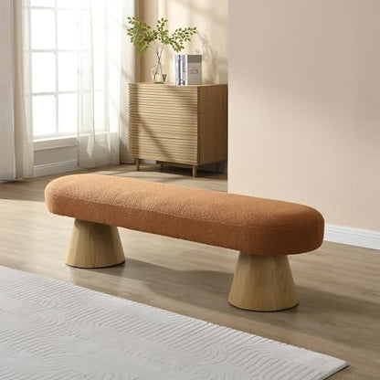 Merax 64" L Dining Bench with Wood Legs, Boucle End of Bed Ottoman Bench Seat for Dining Room, Bedroom and Entryway