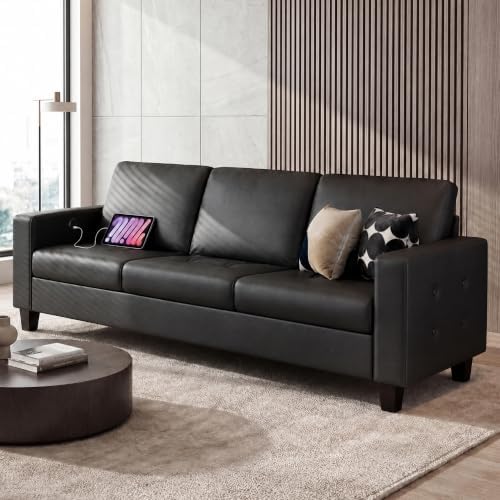 STHOUYN 73” Black Faux Leather Sofa, Comfy 3 Seater Couch for Living Room
