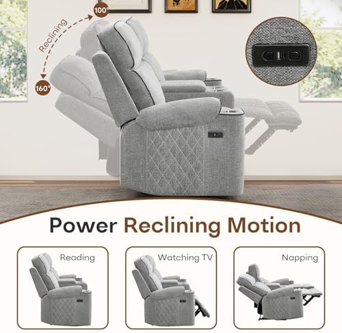 HAOMARKETS Power Recliner Chair for Adults with USB Port, Soft Fabric Electric Recliners with Metal Cup Holders, Single Overstuffed Heavy Duty Reclining Sofa Chairs for Living Room, Light Grey