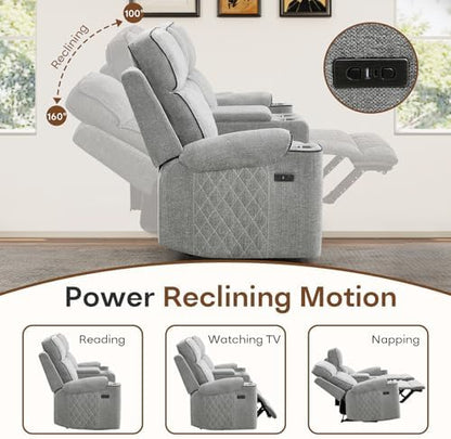HAOMARKETS Power Recliner Chair for Adults with USB Port, Soft Fabric Electric Recliners with Metal Cup Holders, Single Overstuffed Heavy Duty Reclining Sofa Chairs for Living Room, Light Grey