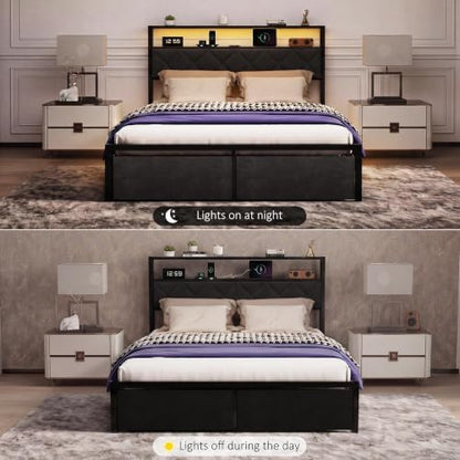 Queen Bed Frame with LED Lights, Charging Station & 2 Storage Drawers, Metal Platform with Upholstered Headboard, No Box Spring Needed, Easy Assembly