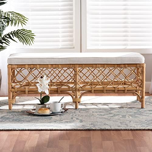 Bali & pari Orchard Natural Rattan Bench with White Cushion – 48" Boho Wicker Ottoman, Handwoven Cane Entryway Seat for Living Room, Bedroom, or Hallway – Coastal & Farmhouse Décor