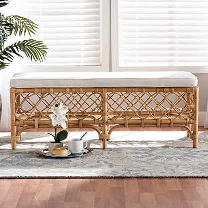 Bali & pari Orchard Natural Rattan Bench with White Cushion – 48" Boho Wicker Ottoman, Handwoven Cane Entryway Seat for Living Room, Bedroom, or Hallway – Coastal & Farmhouse Décor