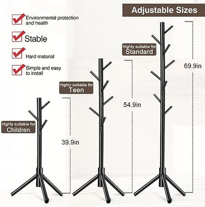 WANGMUXIA Coat Rack, Freestanding Coat Rack with 8 Hooks and 3 Adjustable Size Tree Coat Racks for Bedroom, Hallway, Entrance, Office, for Hats, Coats, Scarves, Handbags