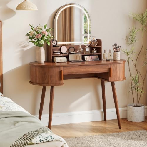 Oval Fluted Vanity Desk with Mirror and Lights, 43" Small Wood Makeup Table