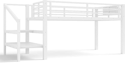 Bellemave Twin Size Loft Bed with 9 Non-Woven Fabric Storage Drawers, Low Loft Bed with Stairs and Lights, Twin Loft Beds with High Rails, Noise Reduced White