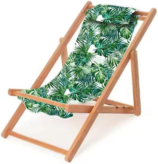 Children’s Vintage Sun Lounger Sling Chair | Wooden Frame with Canvas Fabric | Outdoor Folding Deck Chair for Kids Ages 5+ | Portable & Lightweight for Backyard, Poolside, or Beach (Jungle Canopy)