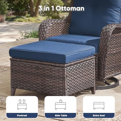 Belord 3-Piece PE Wicker Outdoor Sofa with 2 Ottomans, Luxury Patio Couch Convertible to Chaise Lounge, All-Weather High Back Deep Seat Woven Furniture for Deck, Porch - Brown/Blue