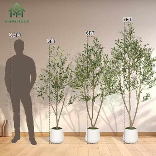 VIVATREES Olive Trees Artificial Indoor, 5FT Tall Faux Olive Tree with White Tall Planter, Artificial Plants with Natural Wood Trunk and Lifelike Fruits for Home Office Decor