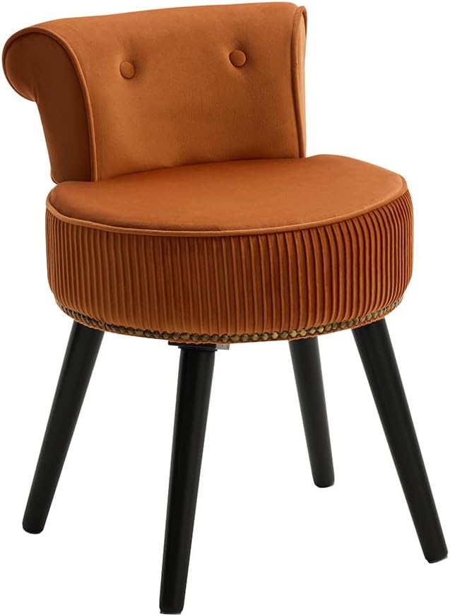 Vanity Chair with Back, Velvet Stool with Low Backrest & Gold Nailhead Trim, Round Vanity Seat for Bedroom and Bathroom Makeup, Support 220lbs, Easy Assembly (Orange)