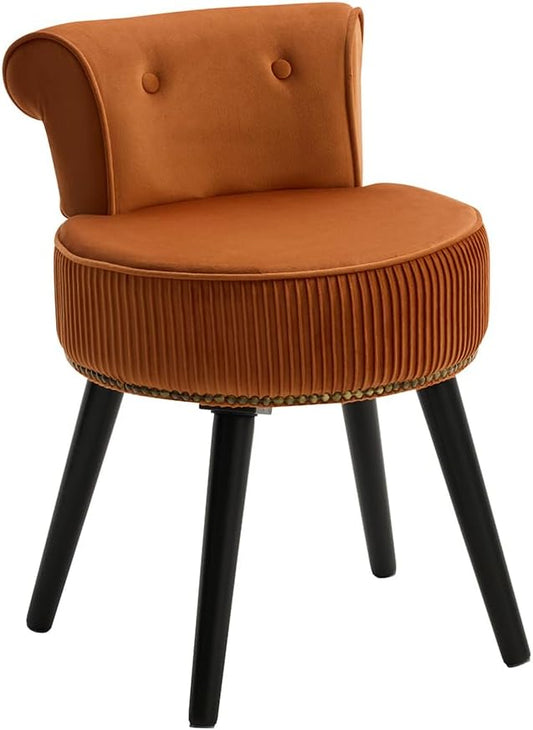 Vanity Chair with Back, Velvet Stool with Low Backrest & Gold Nailhead Trim, Round Vanity Seat for Bedroom and Bathroom Makeup, Support 220lbs, Easy Assembly (Orange)