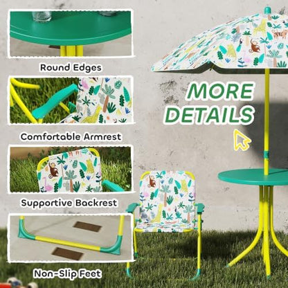 Qaba Kids Picnic Table and Chair Set Outdoor Monkey and Giraffe Green