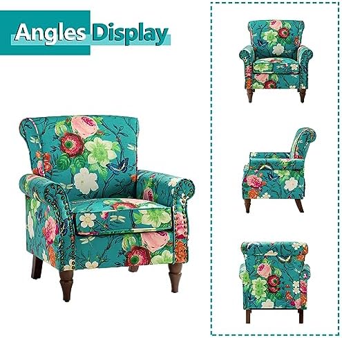 HULALA HOME Traditional Floral Accent Chair with Solid Wood Legs, Blue