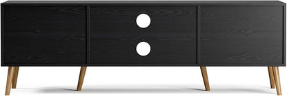 ZttRiee TV Stand with Rattan Doors for TVs up to 65", Mid-Century, Black | 54.7"W x 15.7"D x 18.9"H, 150 lbs capacity, 2 rattan-door cabinets & 1 shelf (4 compartments), 2 cord holes, 6 wood feet