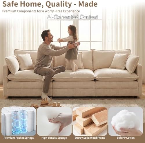 GNIXUU 112" Camel Modular 3 Seater Cloud Sectional Couches for Living Room