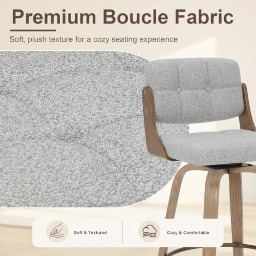 26" Swivel Boucle Counter Height Bar Stools Set of 2, Open Back, Gray