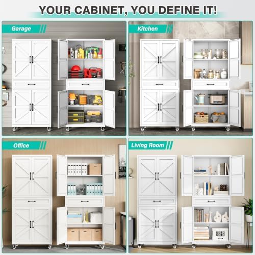 SISESOL White Metal Storage Cabinet with Wheels and Drawer,Rolling Garage Cabinet with Doors and Adjustable Shelves,73" Mobile Tall Large Metal Cabinets for Home,Office,Garage,Shop