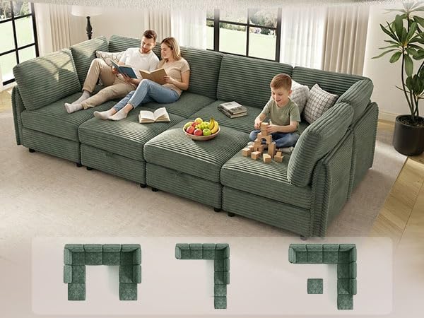 KKL 123" Oversized Sofa Bed with Storage Ottoman for Living Room,Convertible Modular Sectional Couches L/U/J-Shaped Sleeper Sofa Bed Plush Wide-Wale Corduroy Couch, Apartment, Green