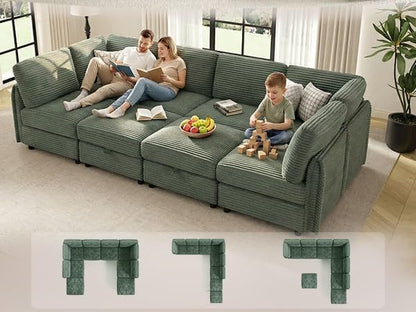 KKL 123" Oversized Sofa Bed with Storage Ottoman for Living Room,Convertible Modular Sectional Couches L/U/J-Shaped Sleeper Sofa Bed Plush Wide-Wale Corduroy Couch, Apartment, Green