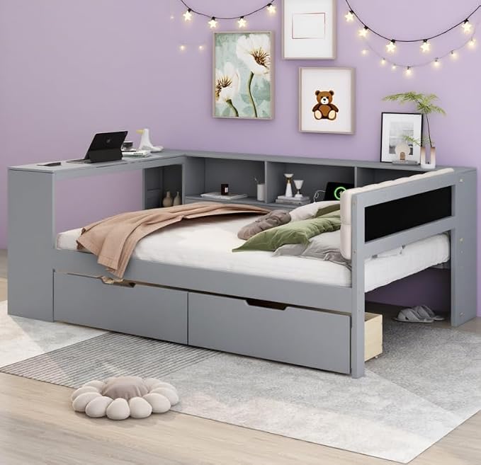 Bellemave Full Corner Bed Frame with Storage Shelves and Desk, Wood Full SizeDaybed with Bookcase and Drawers and Upholstered Headboard, Gray