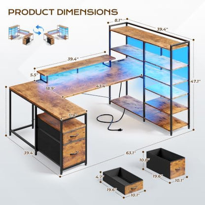 EnHomee 63" Reversible L Shaped Office Desk with Storage Drawers, Shelves