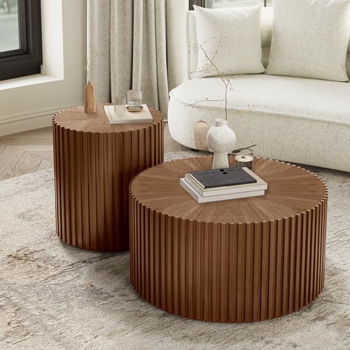 POVISON Coffee Table Set of 2, Round Wood Fluted Coffee Table Modern Side Table End Table for Living Room, Light Walnut, Fully Assembled