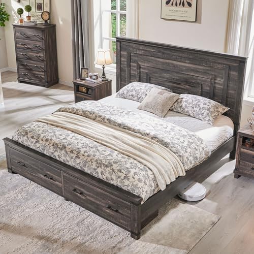 T4TREAM 54" Tall Farmhouse King Size Bed Frame, Dark Rustic Oak