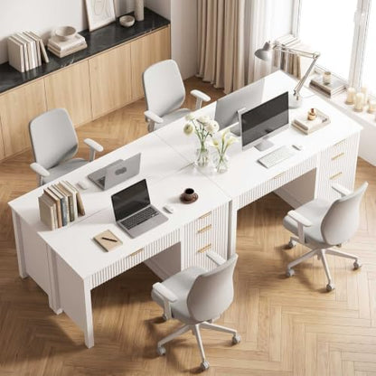 Vabches Fluted Executive Desk with File Drawer, White