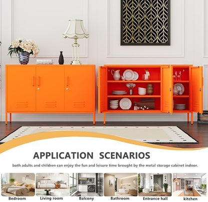 32" Orange 3 Door Lockable Metal Cabinet, Freestanding Multipurpose Heavy Duty Storage Locker with Adjustable Shelves for Home Office Kitchen Living Room Bedroom