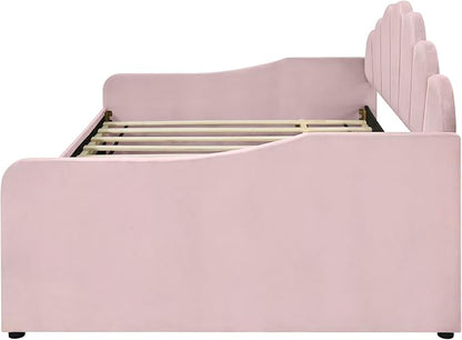 Ball & Cast Full Size Daybed with Trundle,Velvet Upholstered Day Bed Frame Full with Shall Shaped Backrest and Wood Slat Support,No Box Spring Needed,Pink