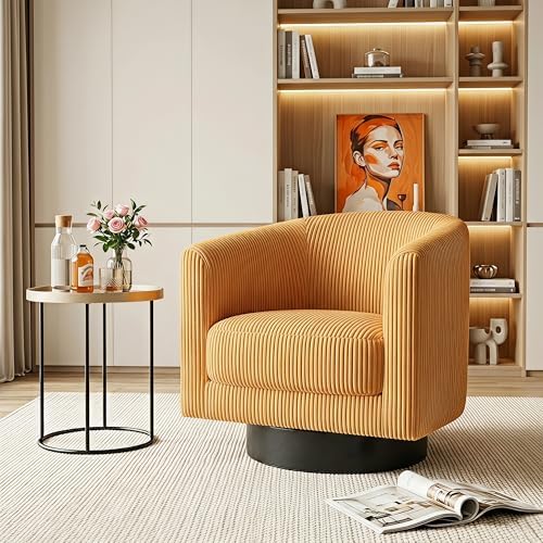 Swivel Accent Chairs Set of 2, 360° Bucket Chair, Modern Upholstered Barrel Armchair, Comfy Corduroy Single Sofa for Living Room Bedroom, Orange