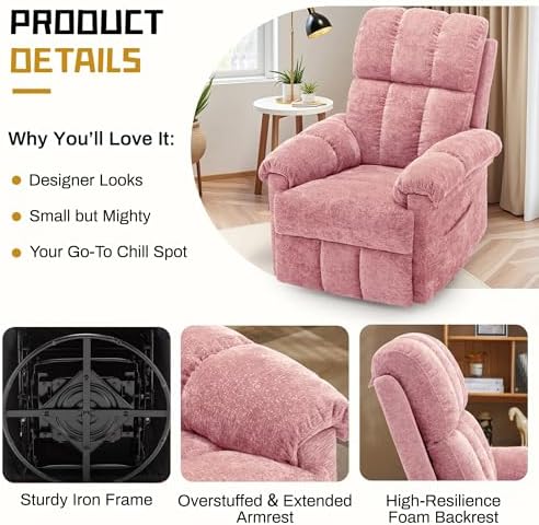 Korser Small Swivel Rocker Recliner Chair, Manual Recliner, Rose Pink