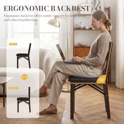 Wooden Folding Dining Chairs Set of 4 with Leather Cushion, Pre‑Assembled