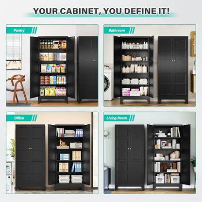 SISESOL Pantry Storages Cabinet with 2 Doors and 5 Shelves,Tall Storage Cabinet,Large Cupboard Closet,Metal Storage Cabinet for Home,Bathroom,Dining/Living Room (Black, 71" H)
