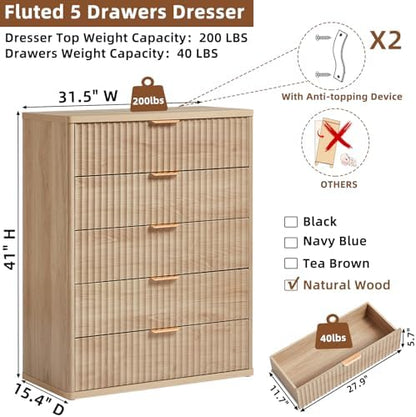 LEYAOYAO Fluted 5 Drawers Dresser for Bedroom Set of 2, 41" Tall Modern Chest of Drawers with Metal Handle, Curved Profile Design,Natural Wood Drawer Organizer for Bedroom, Living Room, Hallway
