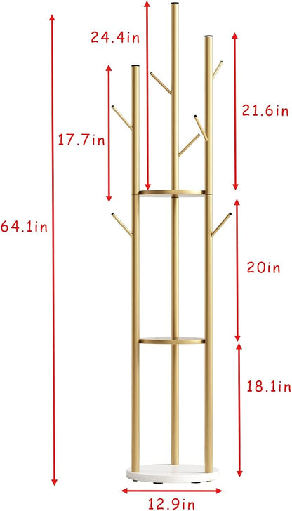 DOORXIFO Metal Gold Coat Racks Freestanding, Coat Hanger Stand, Hall Tree Rack for Hanging Hats, Scarves, Bags, Modern Coat Rack with Double Shelves, Corner Coat Rack, 9 Hooks, Gold