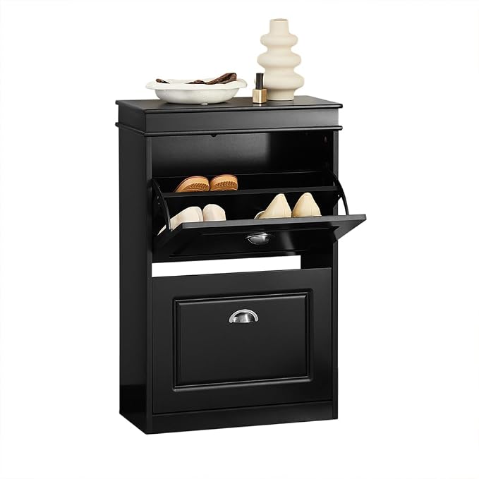 Haotian Small Shoe Cabinet, Black 2 Flip Drawers Freestanding Shoe Rack, Shoe Storage Cupboard Organizer (9.45" D x 20.87" W x 32.28" H), FSR78-SCH
