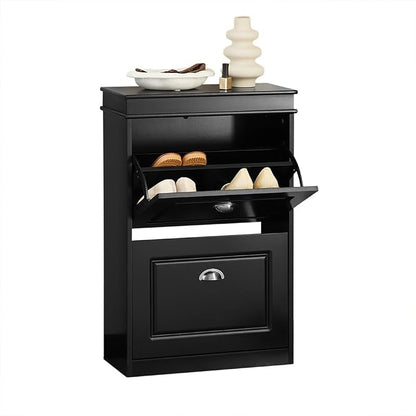 Haotian Small Shoe Cabinet, Black 2 Flip Drawers Freestanding Shoe Rack, Shoe Storage Cupboard Organizer (9.45" D x 20.87" W x 32.28" H), FSR78-SCH