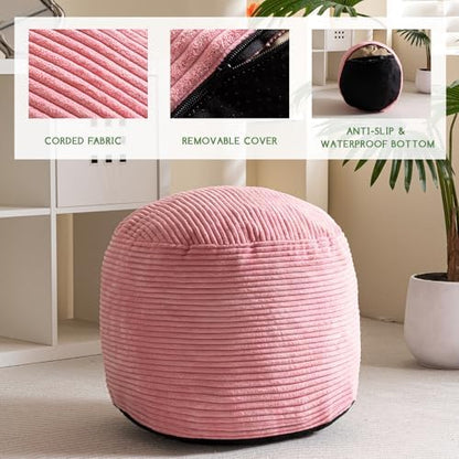 HIGOGOGO Round Stuffed Pouf Ottoman, Corduroy Poufs with Foam Chunk Filling, Furry and Fluffy Pouf Foot Stool Storage Ottoman, 20 X 15 Floor Poufs Foot Rest for Living Room, Pink