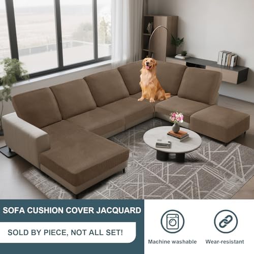 UNBBRRL Seat Cushion Cover and Back Covers for Corner Sofa Stretch Jacquard, Non Slip L Shaped Sofa Slipcover with Storage Ottoman, Sectional Couch Cover for Chaise Lounge (Camel,16 x 16 x 6”)